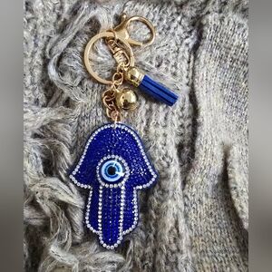 Rhinestone Pave Hamsa Evil Eye w/ Suede Fringe Keychain Purse Charm